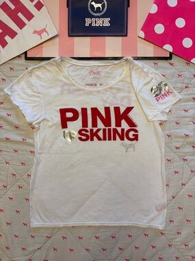 VS PINK VINTAGE Y2K SHORT SLEEVE TEE SHIRT SKIING POWDER DAY DOG HEART BLING L